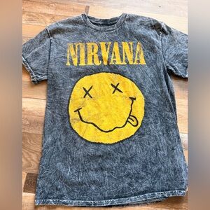 NIRVANA Gray Tee with Yellow Smiley Graphic